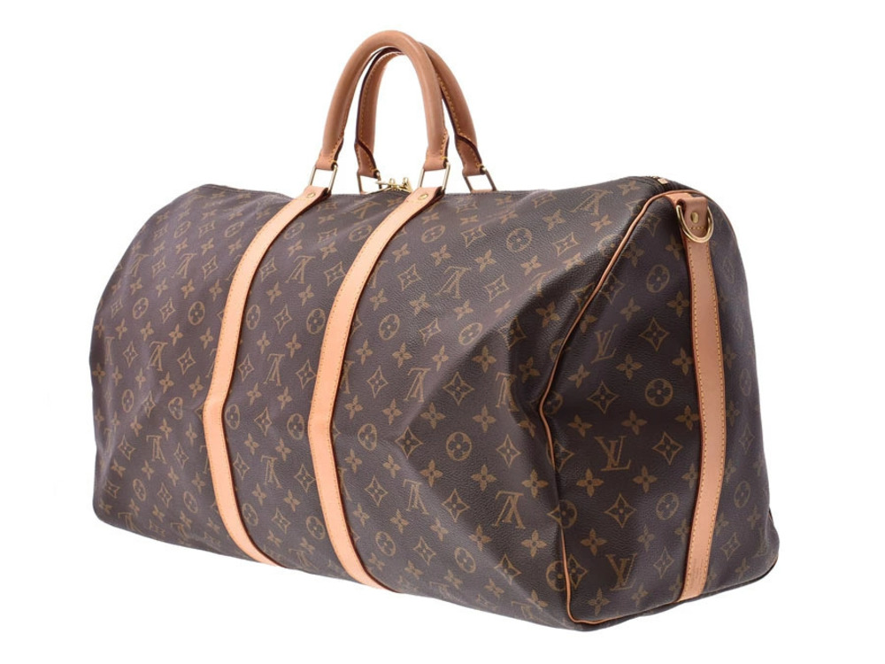 Louis Vuitton Leather Boston Brown Bandoulire Monogram Strap Keepall Bag Brown